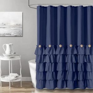 Seasonwood Navy Blue Shower Curtain for Bathroom Ruffle Shower Curtain 72 X 84 Inches Farmhouse Shower Curtains with Buttons & Blue Ruffles