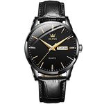 OLEVS Leather Watch for Men Black Face Analogue Men's Watches Classic Minimalism Black Leather Straps Mens Watches Easy to Read Waterproof Luminous Date Day Casual Men's Wrist Watch