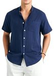 Enlision Mens Cotton Linen Shirts Navy Blue Short Sleeve Shirt Banded Collar Shirts for Men Button Down Lightweight Summer Holiday Henley Shirt Tops XXL