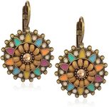 Unique Bohemian Vintage Sparkly Crystal Colorful Round Flower leverback earrings Boho Retro Bronze Circle Beaded Flower Floral Dangle Drop Earrings for Women (Colorful)