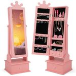 CHARMAID Kids Mirror Jewelry Cabinet, 44.5" Full Length mirror with Jewelry Storage, Jewelry Armoire with Drawers, Standing Kids Vanity Dress Up Mirror Jewelry Organizer Box for Girls (Pink)