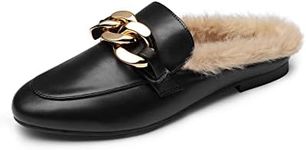 DREAM PAIRS Mules for Women Flats Shoes Comfortable Slip on Closed Toe Slides Loafers with Chain Backless Women’s Mules,Size 7.5,Black-Fur,SDML2205W