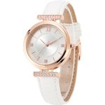 NUOVO Watches for Women Elegant White Leather Strap Rhinestone Women's Quartz Watch Water Resist Wristwatch for Daily Life Travel Date Watch