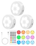 GOODEA.fun Puck Lights with Remote, 13 RGB Colors LED Under Cabinet Lights, Rechargeable Baterry Operated Under Cabinet Lighting Tap Lights, Stick on Lights with Dimmer and Timer（3 Pack）