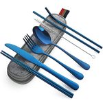 DEVICO Camping Cutlery, Travel Cutlery Set with Case, Portable Stainless Steel Camping Utensils Include Knife Fork Spoon Chopsticks Straws Brush (Blue)