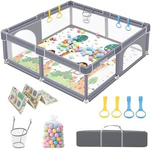 200*180cm Baby Playpen with Mat, ManKiaPro Extra Large Play Pens for Babies and Toddlers with 50 Ocean Balls, 4 Pull Rings, Sturdy Baby Fence Play Yard for Indoor & Outdoor Safety Baby Activity Center with Breathable Mesh, Anti-Slip Suckers and Zipper Gate