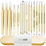 Blackhead Remover Tool, 16 PCS Pimple Popper Tool Kit, Tweezers Set for Eyebrows Hair Removal Pimple Blemish Acne Comedones Extractor Whitehead Cyst Removal Tool, for Nose Face Beauty Tools (Golden)