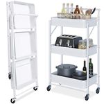 Dripex Storage Trolley Cart, 3-Tier Foldable Metal Rolling Organizer Cart with Casters, Mobile Utility Service Cart for Kitchen Bathroom Office Laundry (White)