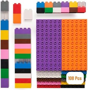 Strictly Briks Spielzeugbaustein, großes Ziegelturm-Set für Kinder ab 3 Jahren, kompatibel mit großen Marken, Regenbogen, 12 7,5 x 3,75 Zoll große Platten und 96 Verschiedene große Steine, 108 Teile