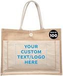 DISCOUNT PROMOS Custom Jute Tote Bags with Cotton Pocket Set of 100, Personalized Bulk Pack - Reusable, Great for Picnic, Camping, Beach, Outdoor Activities - Natural