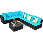 COSTWAY 7 Pieces Patio Furniture Set, Outdoor Rattan Conversation Set with 6 Seats, Coffee Tea Table, Soft Cushions, Wicker Patio Sectional Sofa for Garden Balcony Porch Poolside, Turquoise