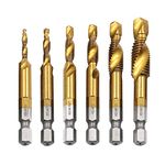 Bestgle 6 Pcs Titanium Drill Tap Combination Bit Set Countersink Taps Drill Bits 1/4 Inch Hex Shank Screw Tapping Countersink Drill Bits Metric Thread Taps Tool M3, M4, M5, M6, M8, M10