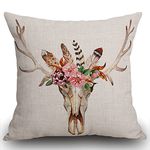 Smooffly Deer Skull Cotten Linen Cushion Cover, Bohemian Deer Head Taibal Wreath Flowers Feathers Decorative Square Throw Pillow Case for Couch Livingroom Sofa Bed 45cm x 45cm,18x18 Inches