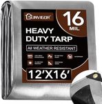 Tarp 12x16FT, Extra Thick 16Mil Heavy Duty Waterproof Tarps with Brass Grommets and Reinforced Edges, Tear & Fade Resistant, 100% UV Blocking Outdoor Tarp for Roof Camping Patio Pool Boat (Silver)