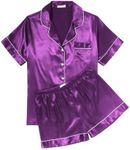 Ekouaer Womens Silk Satin Pajama Sets Soft Short Sleeve Button Down Sleepwear Top and Shorts 2 Piece Pjs Lounge Set,Purple,XL