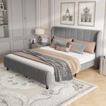 BTM Upholstered Double Bed 4FT6-135x190cm, Double Bed Frame with Headboard Wooden Slats and Metal Underbed Bracket, Vertical Stripe Design Velvet Double Bed, No Mattress