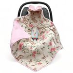 CAR SEAT Baby BLANKET/Footmuff/Cosy toes/Cotton & Waffle-effect Mink plush dual layer 80 x 80cm with HOOD (Roses & bunny)