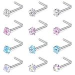 WillTen 20G Nose Studs L Shape Women Nose Studs Colorful Diamond CZ Silver Stainless Steel Heart Start Piercing Jewelry 12PCS