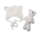 Newborn Baby Crochet Knit Costume Photography Prop Baby Bear Hat and Doll Set (White), One Size