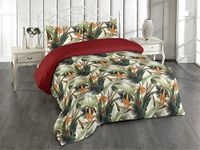 Ambesonne Exotic Duvet Cover Set, Bird of Paradise Flowers Tropical Design Pattern Vintage Hawaiian Style, Reversible 3 Piece Bedding Set with 2 Pillow Shams, King, Marigold Green Eggshell