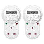 HBN Digital Programmable Plug-in Timer Socket, 24 Hours/7 Day Weekly Electronic Light Timer Plug with 9 On-Off Programs and Anti-Theft Random Function (13A/3120W, 2 Pack)