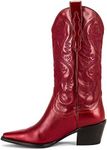 Mattiventon Cowgirl Boots for Women Vintage Embroidery Cowboy Boots Pull on Mid Calf Western Boots, Red, 9