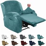 XINEAGE 4 Pieces Velvet Recliner Slipcover Stretch Recliner Chair Cover with Side Pocket Anti-Slip Fitted Recliner Cover Couch Furniture Protector with Elastic Bottom (Recliner, Peacock Blue)