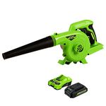 Greenworks 24V Shop Blower, 2Ah USB Battery (Power Bank) and Charger Included SBL24B211