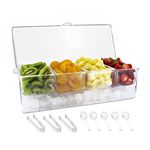 XIYEAM Bar Top Food Condiment Dispenser Container with Lid, 4 Tray Plastic Garnish Station for Fruit, Veggie, Salad - Ice Cooled Topping Organizer for Home Restaurant Supplies & Serving (Clear)