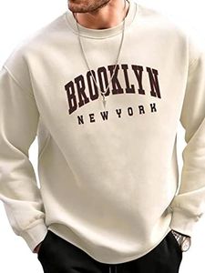 GORGLITTER Men's Letter Graphic Print Long Sleeve Crewneck Drop Shoulder Sweatshirt Khaki Large