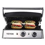 VEVOR Electric Contact Grills, 1500W Indoor Countertop Panini Press Griddle, Sandwich Maker with Non Stick,2 Reversible Iron Cooking Plates,0-446℉ Adjustable Temperature Control,Timer Function,120V