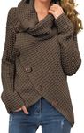 GRECERELLE Women's Solid Color Chunky Button Pullover Sweater Turtle Cowl Neck Asymmetric Hem Knit Sweater, 03 Dark Khaki, Medium