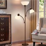 Torchiere Floor Lamps for Living Room with 2 Adjustable Reading Lamps, Modern Tall Standing Lamps, Industrial Bright Floor Lamp for Bedroom, Office, Dresser, 3 LED Bulbs Included