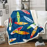 Colorful Surfboard Printed Warm Plush Blanket Summer Surfing Sports Theme Fleece Blanket for Sofa Couch Blue Palm Leaf Decor Sherpa Throw Blanket Hawaiian Tropical Holiday Fuzzy Blanket Baby 30"x40"