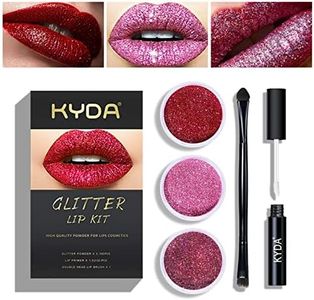 KYDA 3 Colors Glitter Lip Kit, Diamond Metllic High Pigmented Powder for Lips Cosmetics, Glitter Lips Makeup,with Lip Primer and Brush, Long Wear-Set A