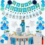 Premium 1st Birthday Boy Decorations |124PCS Blue 1st Birthday Decorations for Boy with 12 Months Photo Banner | 1 Year Old Birthday Baby Crown and Cake Topper | 1st Birthday Highchair Banner