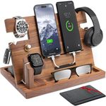 ETERLUCK Wooden Docking Station Men, Nightstand Organizer Bundle w/RFID Blocking Leather Wallet - Charging Station, Cell Phone Stand, Tablet Stand, Husband Gifts from Wife, for Dad - Walnut