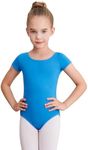 WEGETIT Gymnastics Leotards for Girls Ballet Dance Toddler Leotard Short Sleeve Bodysuit, Blue, 6-8 Years