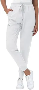 MIVEI High Waisted Jogger Style Scrub Pants for Women - 8 Pockets Medical Bottoms Tapered Yoga Waistband Ribbed Ankle Petite White