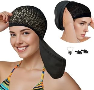 Lynllsh Womens Swim Cap for Long Hair PU Fabric Hairnet Swimming Caps for Women Men Adults Youths with Ear Plug and Nose Clip, Swim Hats Pool Caps to Protect Hair no Pulling (Black, M)