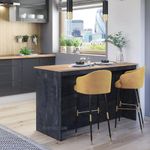 Furneo Kitchen Island Modern Breakfast Bar Shelves Black Concrete & Oak Effect KI04