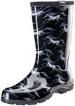 Sloggers Waterproof Garden Rain Boots for Women - Cute Mid-Calf Mud & Muck Boots with Premium Comfort Support Insole, (Flying Horses Black), (Size 10)