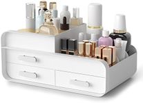 Makeup Organiser Cosmetic Storage Box, Make up Organizer Dressing Table Plastic Cosmetics Holder with Drawer - Large Countertop Vanity Cosmetic Stand Containers for Beauty Skincare Jewellery, White