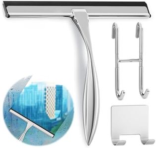 10" Silver Shower Door Squeegee - Stainless Steel Shower Squeegee for Streak-Free Bathroom Glass with Silicone Blade, Adhesive & Hanging Hooks for Mirror, Tile, Window, Car, Multi-Surface Everyday Use