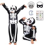 Sarvda Halloween Skeleton Dress for Boys and Girls | Costume with 2 Masks | Dracula Teeth | Makeup Tattoo | Ghost Devil Vampire Zombie Skull Horror | For 6 to 7 Year Boys & Girls