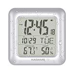 KADAMS Bathroom Digital Clock with Large LCD Screen - Shower Wall Clock Water Resistant Temperature & Humidity Display Calendar Display 4 Mounting Options,Silver