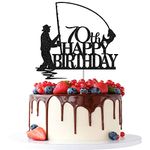 Tenhaisi Black Glitter Happy 70th Birthday Cake Topper, 70th Birthday Party Decorations, Fishing Cake Topper, Fisherman 70th Birthday Party Supplies, (FH70B-BK)