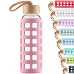 Cleesmil Sports Glass Water Bottle with Silicone Sleeve with Bamboo Lid BPA Free 1000 ml / 1 litre （Rose）