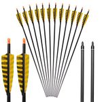 32 Inch Carbon Archery Arrows，Spine 400 with Removable Tips, 4inch Turkey Feather, Hunting and Target Practice Arrows for Compound Bow and Recurve Bow, 6 Pack (Yellow and Black)