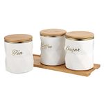 BTSKY White Ceramic Sugar Coffee Tea Canisters with Lid and Tray - Airtight Set of 3 Storage Canisters Food Storage Containers Pots Jars with Bamboo Lid for Kitchen Counter